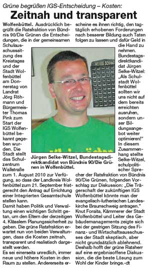 Bericht im Wolfenbütteler Schaufenster vom 30. August 2009