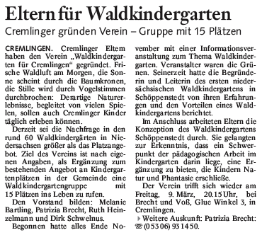Artikel in der BZ, Wolfenbüttel vom 17.02.2006