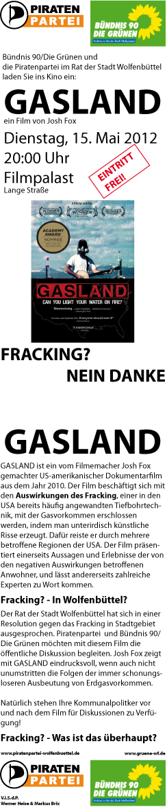 Flyer zum Film Gasland in Wolfenbüttel